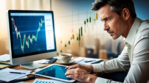 Man analyzing financial graphs on computer and tablet, surrounded by work documents.