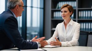 A professional conversation between an older man in a suit and a woman in a white shirt in an office with shelves in the background.